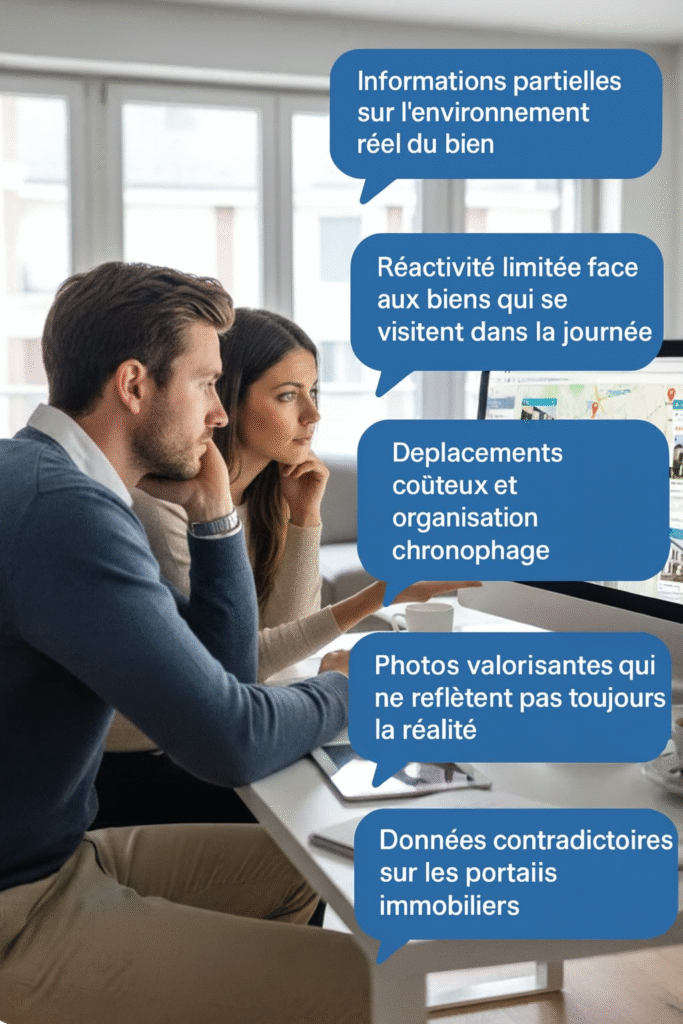 Couple découvrant les limites d’un achat immobilier à distance : réactivité, déplacements coûteux, photos valorisantes et données contradictoires.