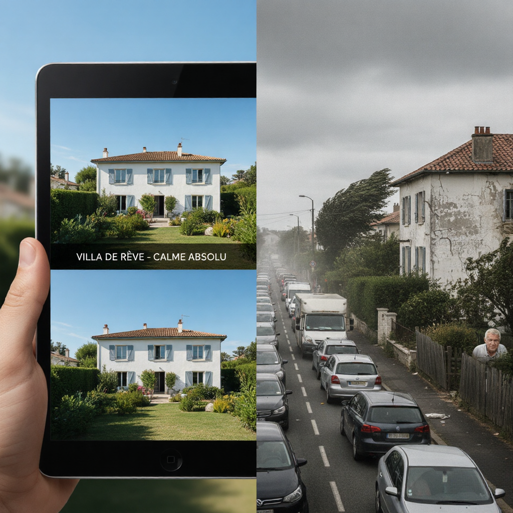 Différence entre photo d’annonce immobilière et réalité terrain en Vendée Sud : circulation, voisinage et ambiance de rue.