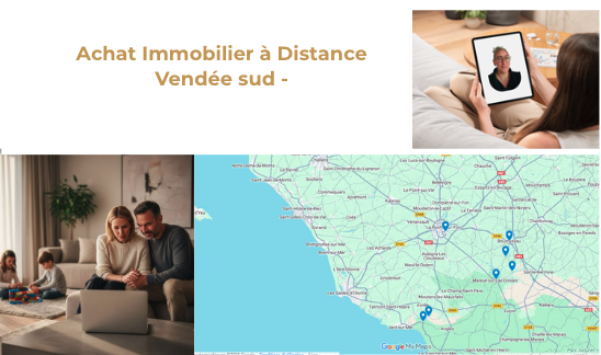 Couple recherchant une maison à distance en Vendée Sud, avec analyse sur ordinateur et carte du secteur