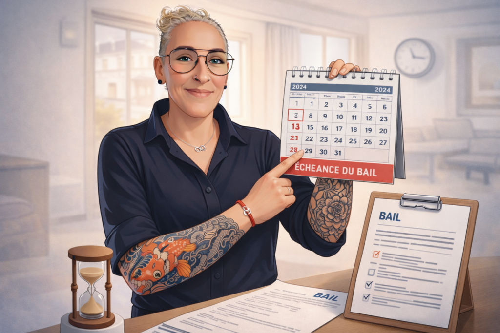 Vendre un appartement loué à La Roche-sur-Yon : comprendre l’échéance du bail Illustration pédagogique immobilière montrant une experte immobilière présentant un calendrier avec la date d’échéance du bail, illustrant le point de départ juridique lors de la vente d’un appartement loué à La Roche-sur-Yon.