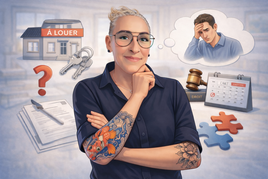 Vendre un appartement loué à La Roche-sur-Yon : la vente est-elle réellement possible ? Illustration pédagogique immobilière montrant une experte immobilière analysant la possibilité de vendre un appartement loué à La Roche-sur-Yon, avec des symboles juridiques, un calendrier, des documents locatifs et les interrogations du propriétaire.