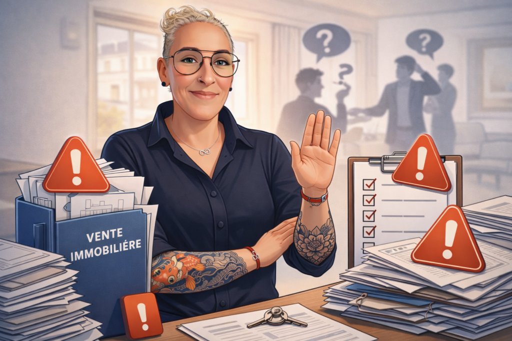 Illustration pédagogique immobilière montrant une experte alertant sur les erreurs fréquentes lors de la vente d’un appartement loué à La Roche-sur-Yon : dossier locatif incomplet, bail mal préparé, documents désorganisés et checklist de vente partiellement validée.