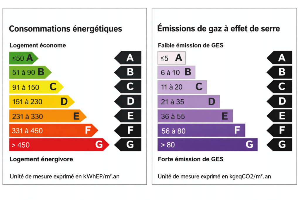 DPE : échelles de consommation énergétique et d'émissions de GES Echelles de diagnostic de performance énergétique présentant les classes de consommation énergétiques et démissions à effet de serre, de A à G.