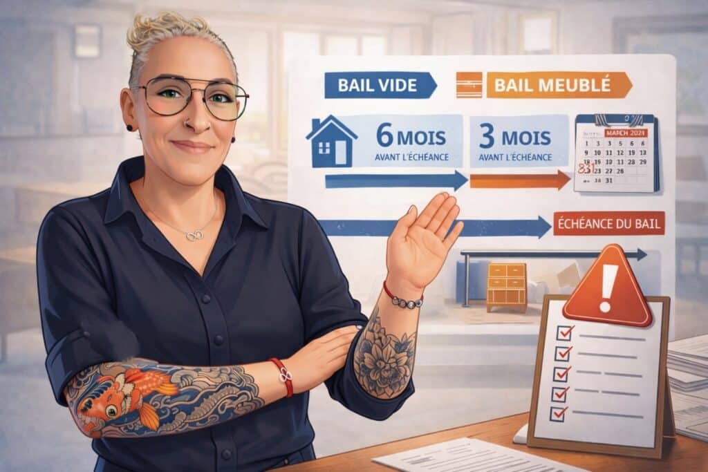 Vendre un appartement loué à La Roche-sur-Yon : comprendre les délais de congé selon le type de bail Illustration pédagogique immobilière montrant une experte expliquant les délais de congé lors de la vente d’un appartement loué à La Roche-sur-Yon, avec distinction claire entre bail vide (6 mois avant l’échéance) et bail meublé (3 mois avant l’échéance).