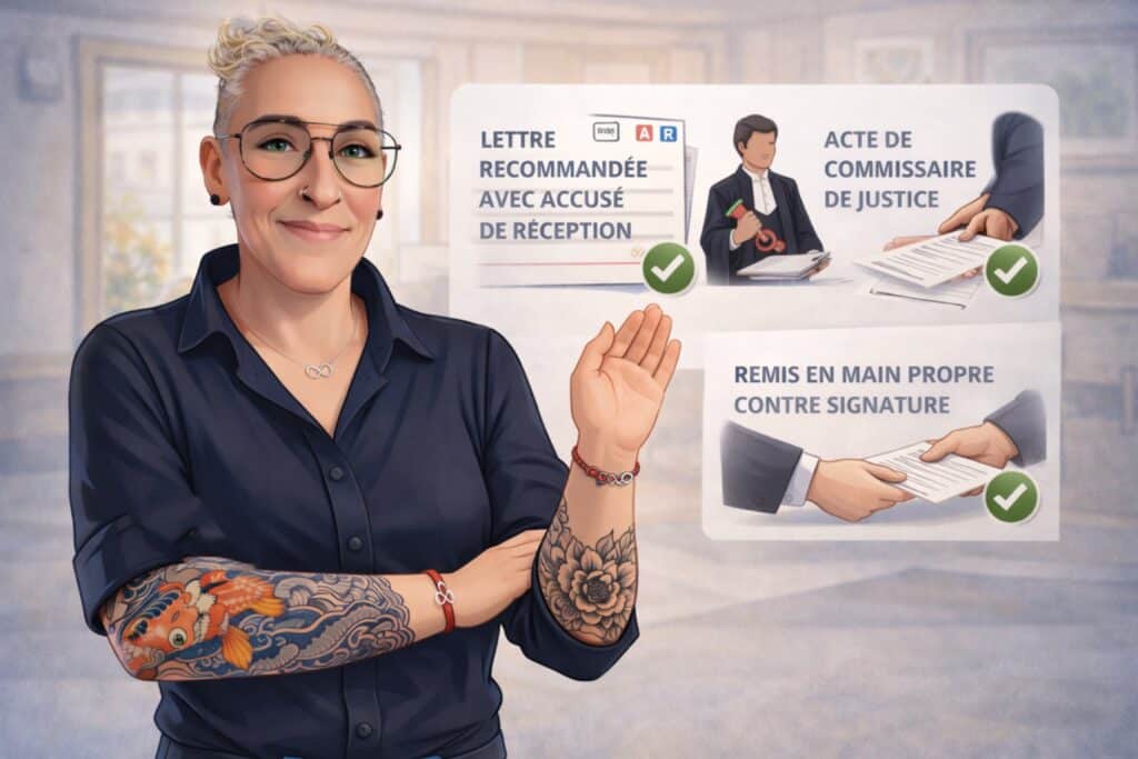 Vendre un appartement loué à La Roche-sur-Yon : choisir la bonne forme de congé Illustration pédagogique immobilière montrant une experte immobilière présentant les trois formes légales de congé lors de la vente d’un appartement loué à La Roche-sur-Yon : lettre recommandée avec accusé de réception, acte de commissaire de justice et remise en main propre contre signature.