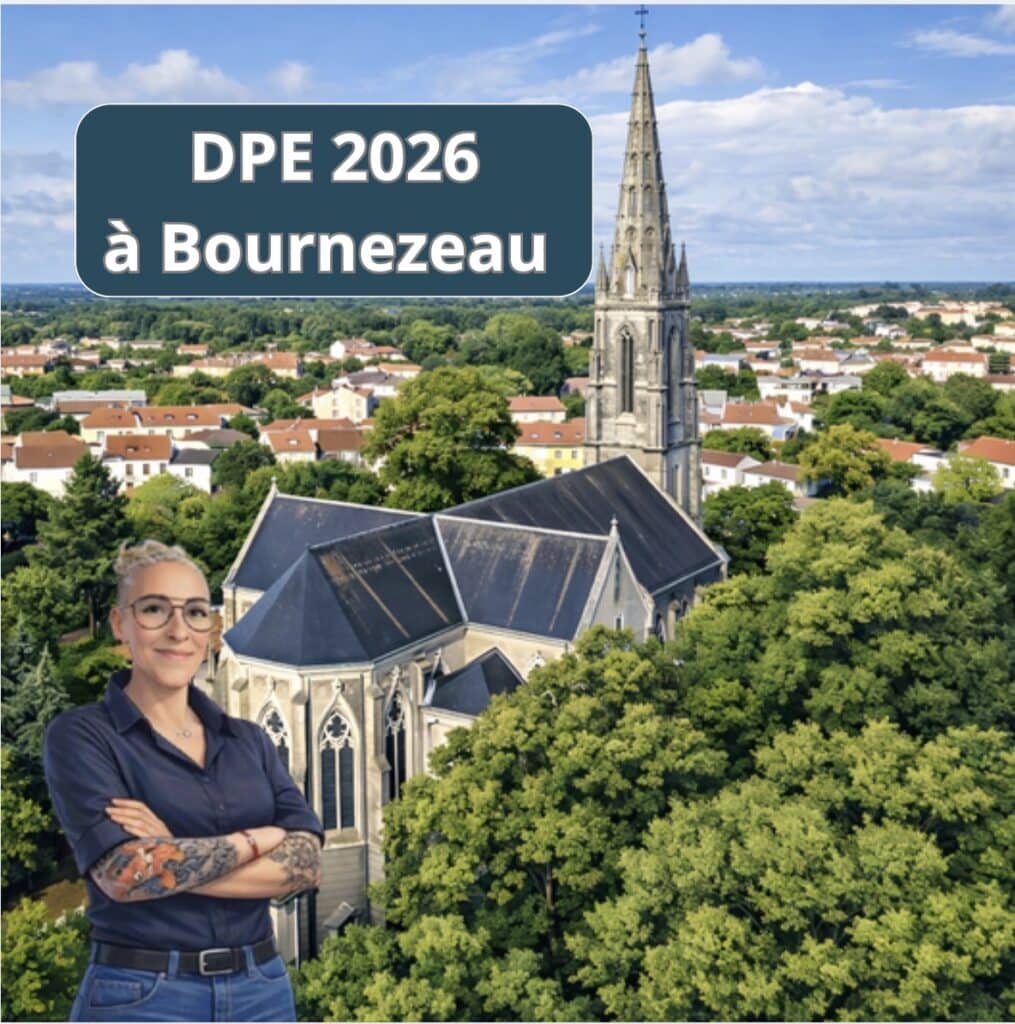 Vue aérienne de Bournezeau avec l'église, illustration du DPE 2026 et ses impacts sur l'immobilier local.