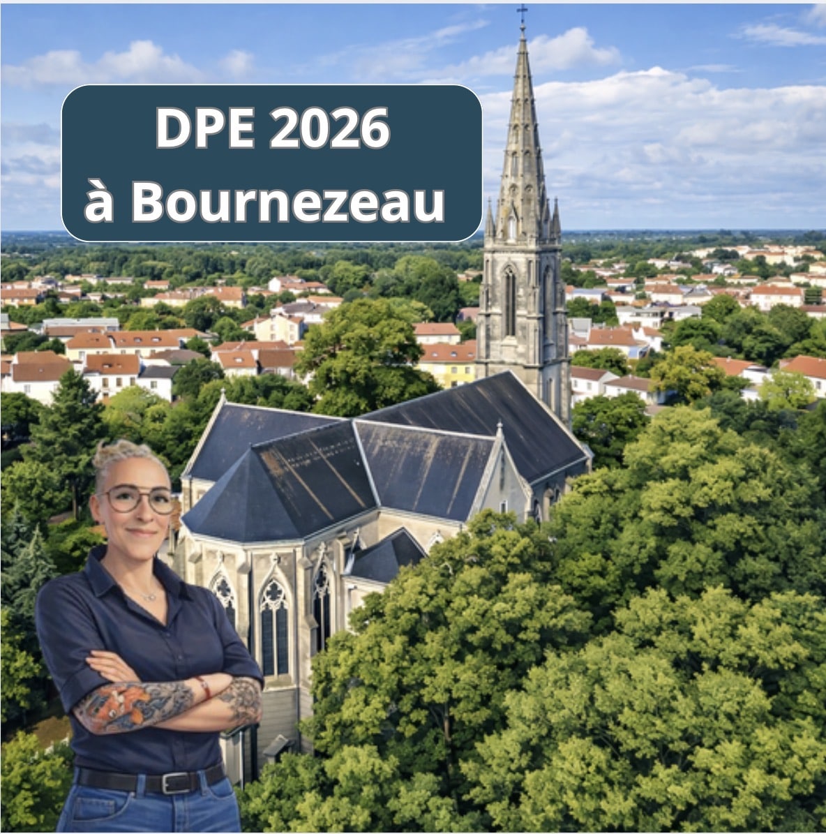 Vue aérienne de Bournezeau avec l'église, illustration du DPE 2026 et ses impacts sur l'immobilier local.