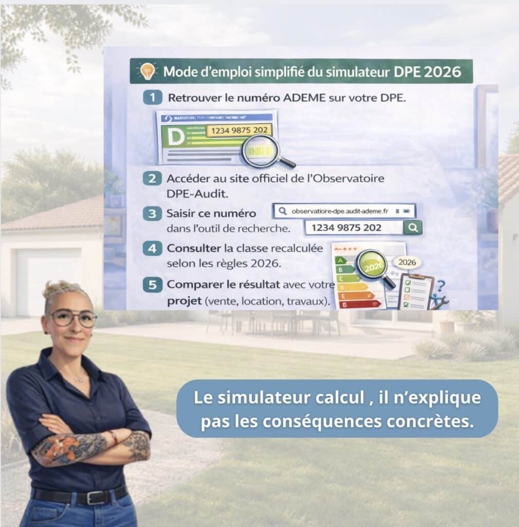 DPE 2026 : mode d’emploi simplifié du simulateur Visuel explicatif présentant le mode d’emploi simplifié du simulateur DPE 2026, avec les étapes pour retrouver le numéro ADEME et consulter la classe recalculée.