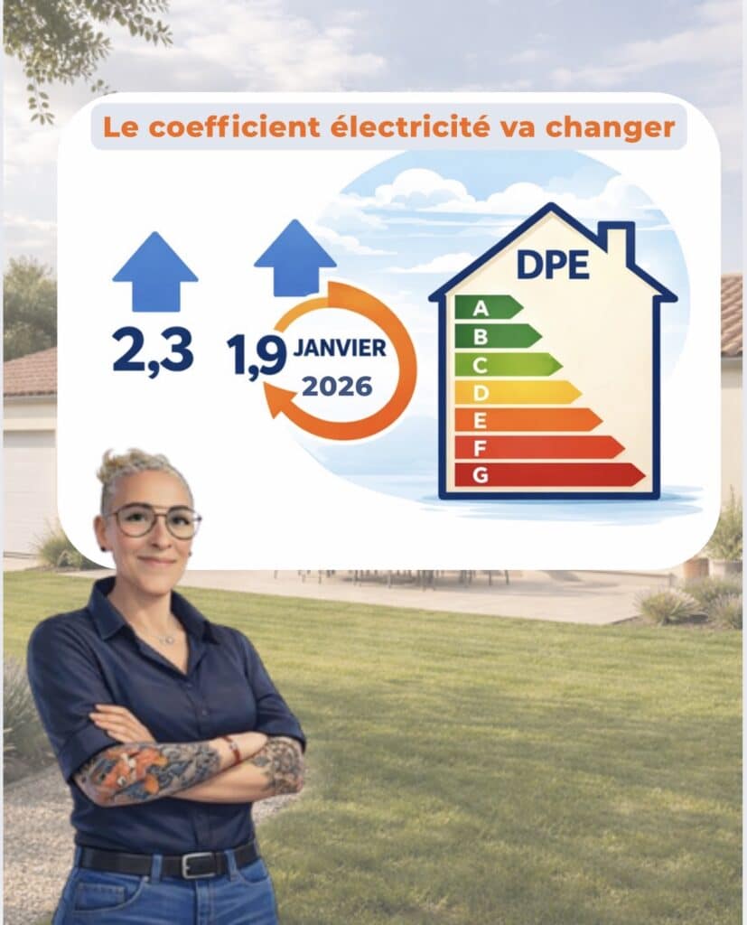 DPE 2026 : évolution du coefficient de l’électricité Visuel explicatif du DPE 2026 montrant l’évolution du coefficient de l’électricité à partir de janvier 2026 et son impact sur le classement énergétique des logements.