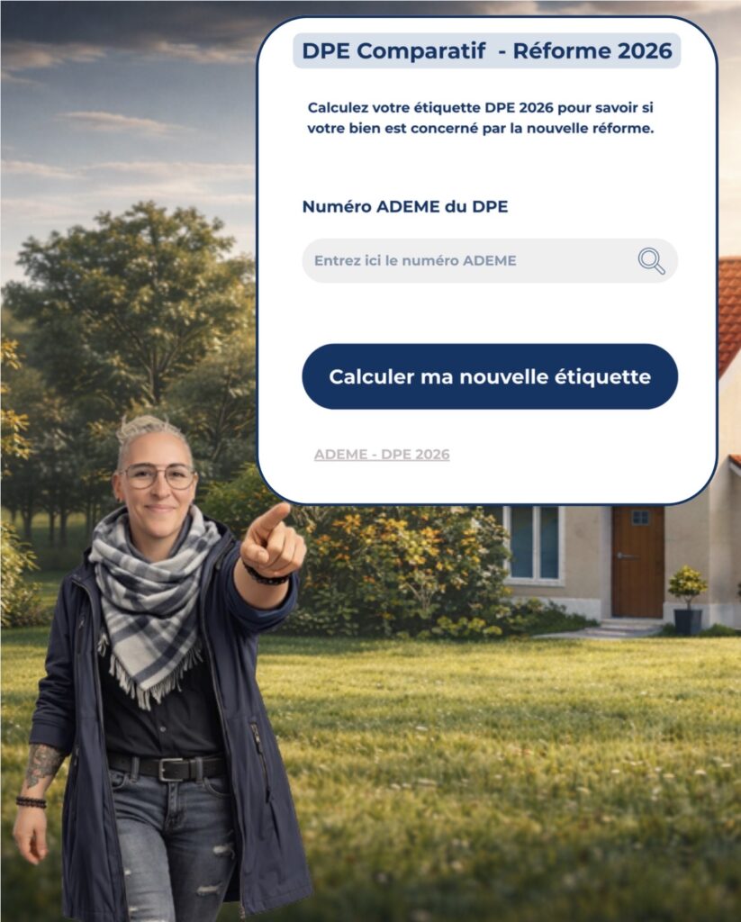 Simulateur comparatif DPE 2026 – Réforme Visuel présentant un simulateur comparatif DPE 2026 permettant de saisir le numéro ADEME afin de recalculer l’étiquette énergétique selon la réforme 2026.