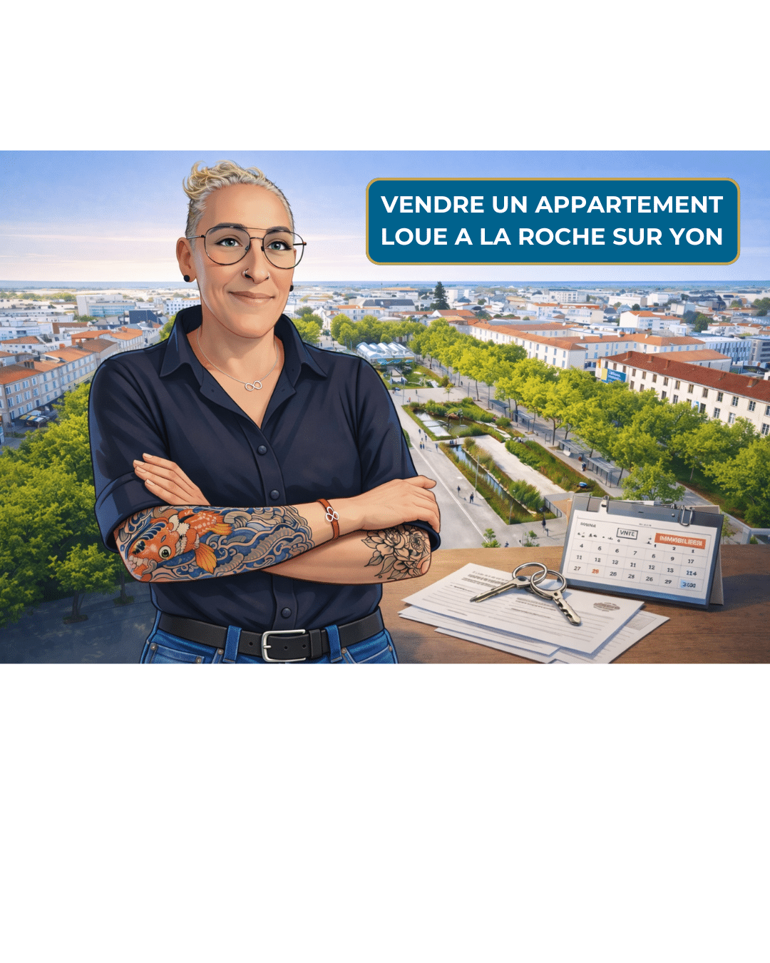 Illustration éditoriale immobilière montrant une experte immobilière analysant la vente d’un appartement loué à La Roche-sur-Yon, avec vue de la ville en arrière-plan et des éléments juridiques visibles (documents, clés, calendrier).