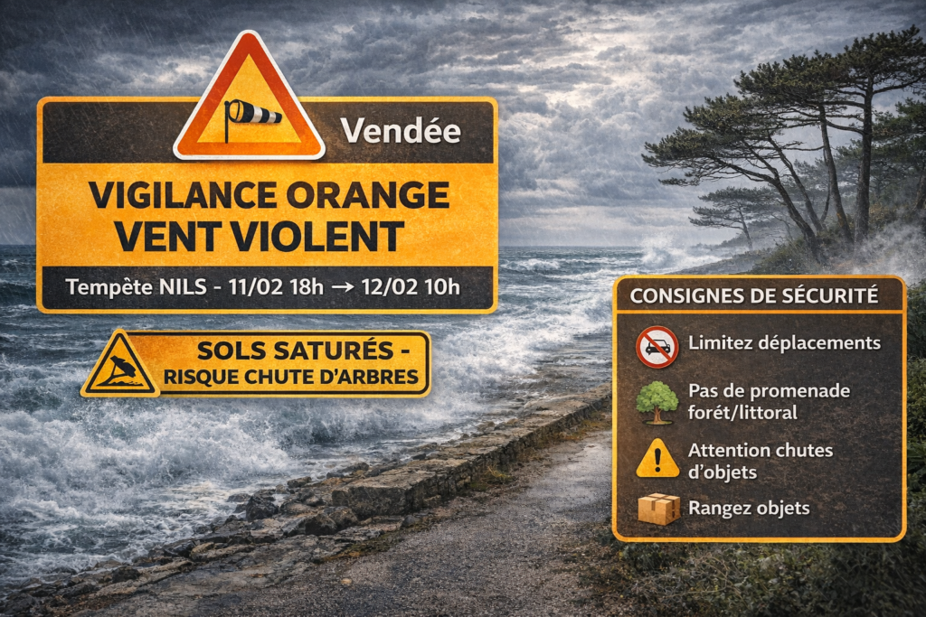 Vigilance météo orange vent violent tempête Nils Vendée conseils sécurité sols saturés février 2026