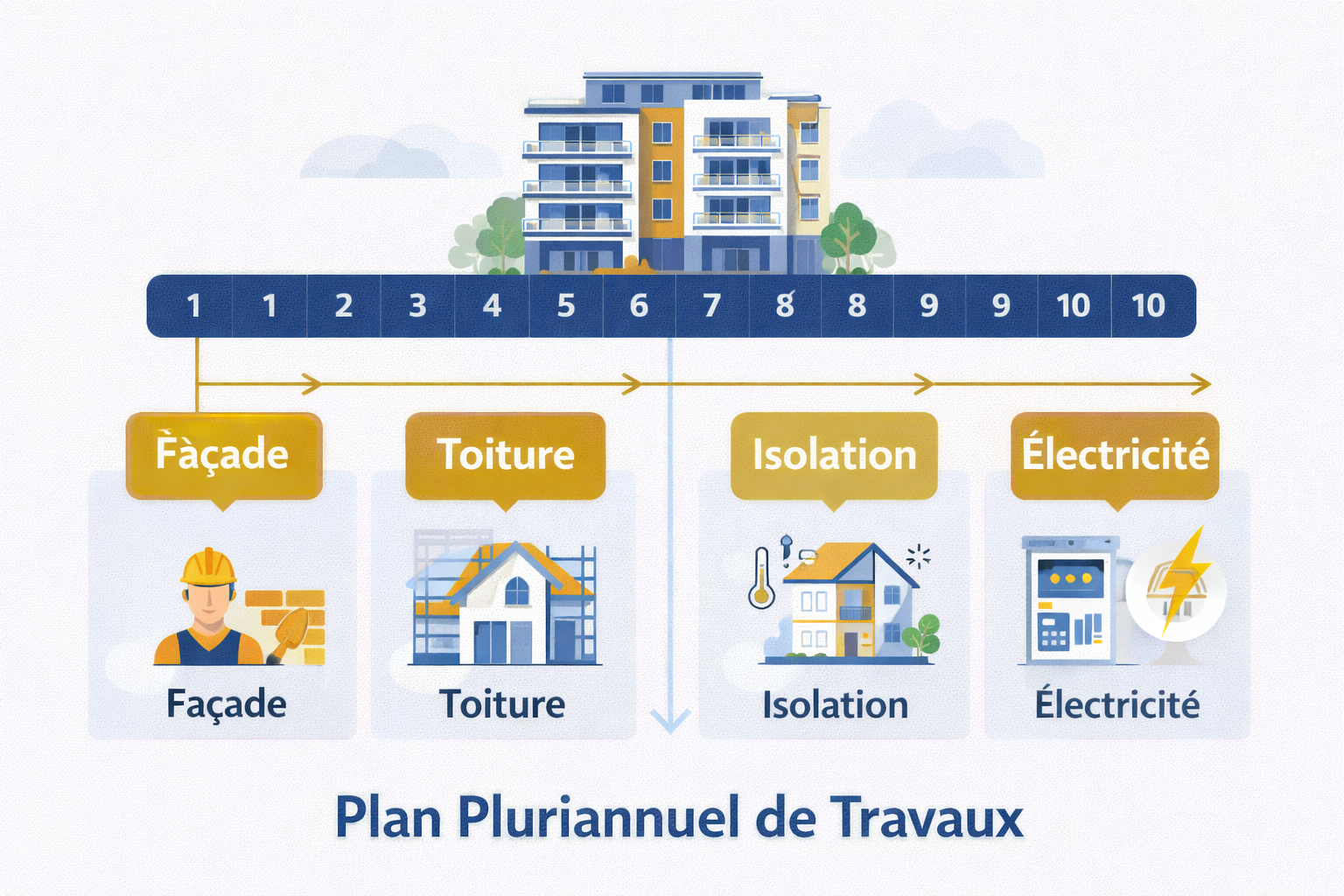Schéma pédagogique du Plan Pluriannuel de Travaux PPT obligatoire en copropriété sur 10 ans