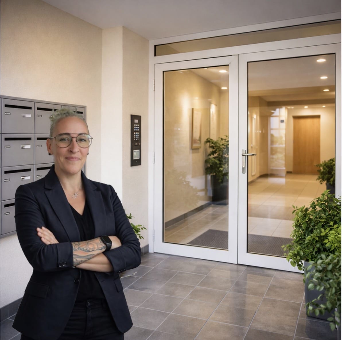 Entrée d'immeuble en copropriété bien entretenue à La Roche-sur-Yon avec Plan Pluriannuel de Travaux PPT à jour favorisant la vente immobilière