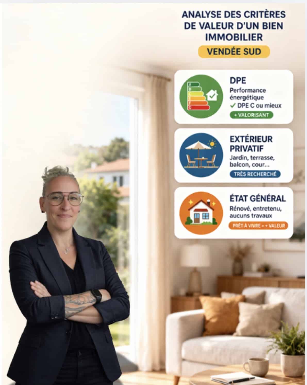 Conseillère immobilière expliquant les critères de valorisation d'un bien et l'impact du DPE à La Roche-sur-Yon