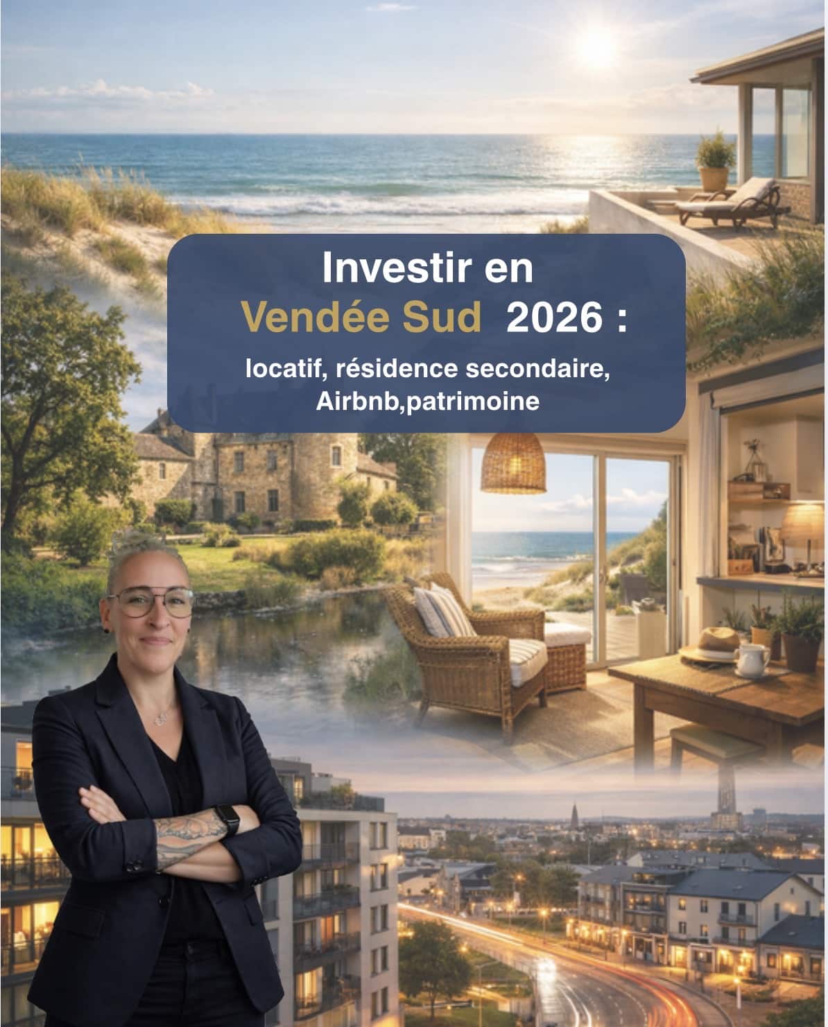 Investir en Vendée Sud 2026 : 4 profils d'investissement immobilier illustrés - littoral Côte de Lumière, longère vendéenne, résidence secondaire, locatif urbain La Roche-sur-Yon - guide par Laetitia Gay conseillère IAD France