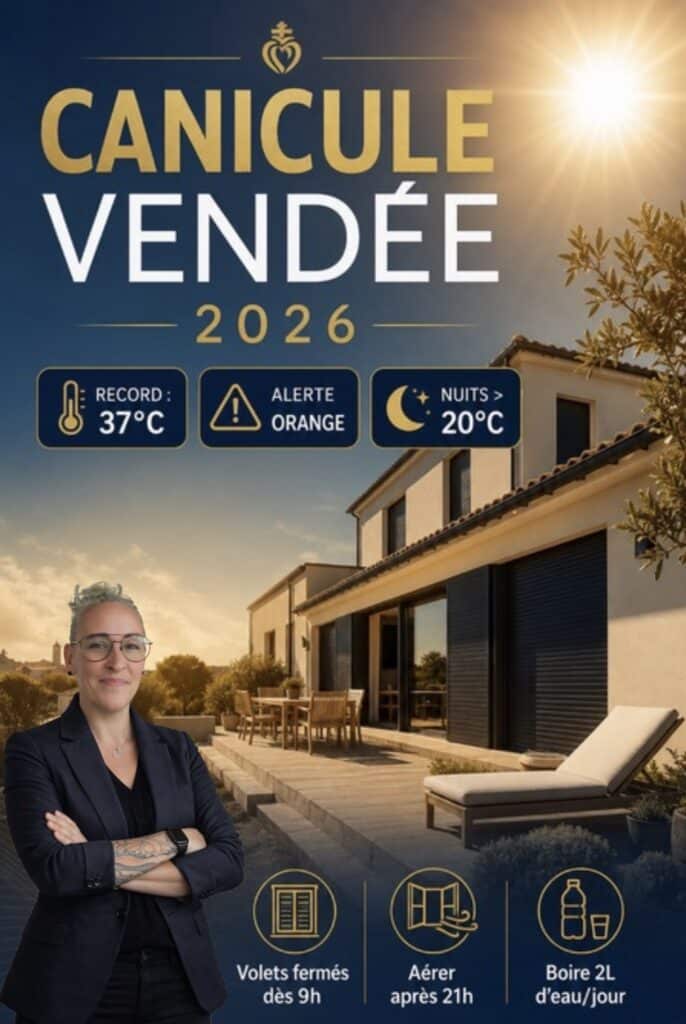 Infographie Canicule Vendée 2026 : records chaleur et conseils maison fraîche Longeville-sur-Mer.