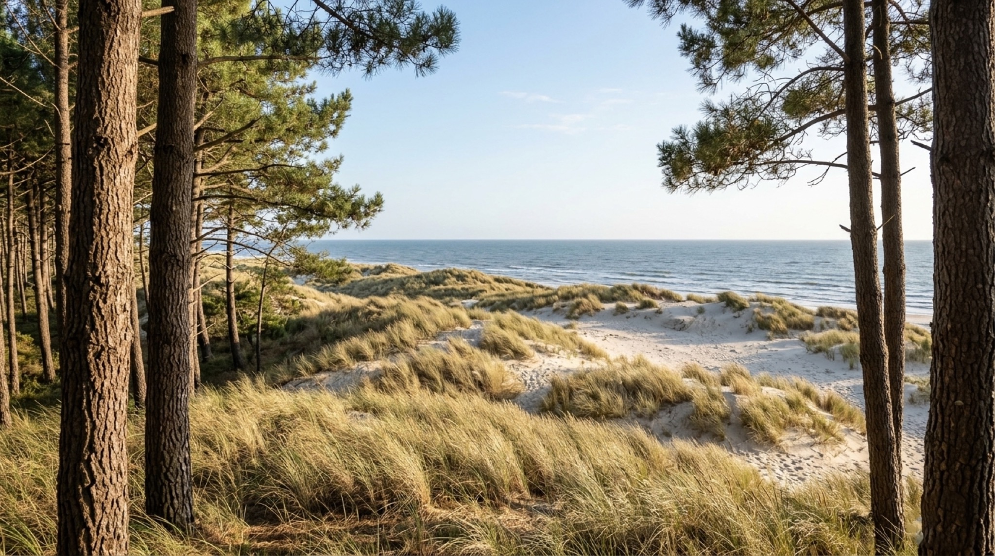 Transition forêt pins dunes plage Longeville-sur-Mer — proximité immédiate Côte de Lumière Vendée Atlantique